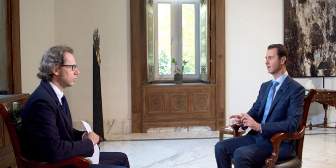دام برس : الرئيس الأسد لتلفزيون راي الإيطالي: داعش ليست له حاضنة في سورية.. والإرهابيون العقبة الرئيسية في وجه أي تقدم سياسي
