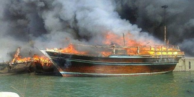 دام برس : احتراق سبعة زوارق في ميناء بوشهر جنوب إيران
