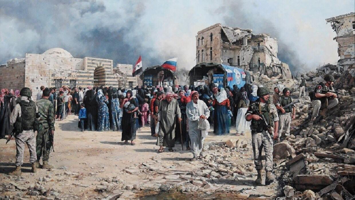 دام برس : فنان إسباني يبدع لوحة عن الجنود الروس في سورية